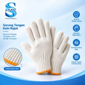 Sarung tangan kerja rajut putih dengan manset oranye S-Pure Indonesia